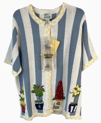 Quacker Factory Striped Button Sweater w/Button Cover 1X Blue A0528 Women DD730 - Image 1 of 4