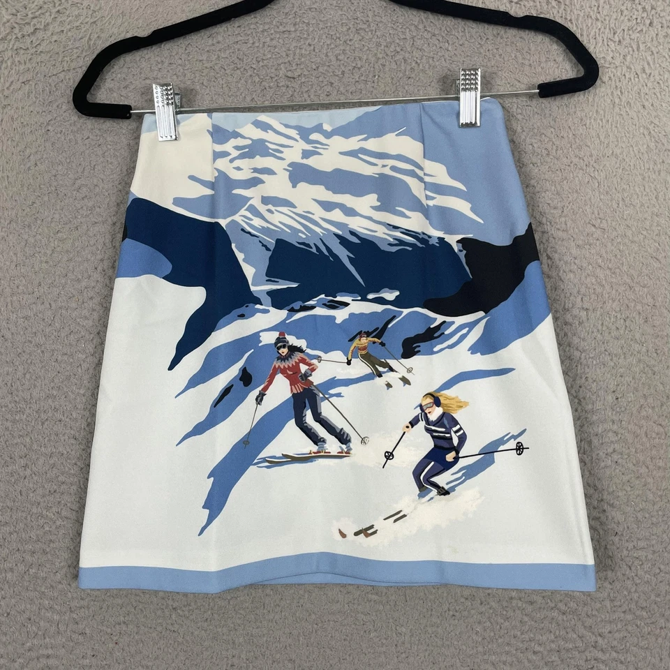Falda Pinko Mujer UK 6 US 2 Azul Blanco Montaña Esquí Estampado Hecho en Italia Crepé Foto 1 de 4