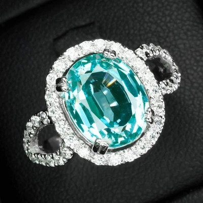 Bluish Green Paraiba Tourmaline 4.30Ct 925 Sterling Silver White Gold Halo Rings - Image 1 of 4