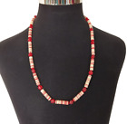 Collier femme perles acryliques rouges blanches fermeture baril entretoises rouges 28 pouces