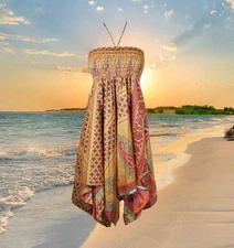 Women's Floral Halter Dress, Fall Fashion, Orange Bohemian Recycled Handmade S/M