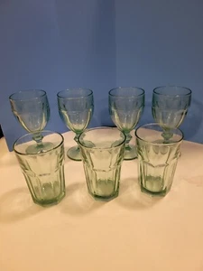 4 Duratuff Spanish Green Goblets 7" & Three 14oz Tea Glasses 5" - Picture 1 of 4