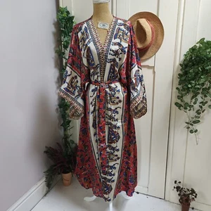 Silky Red Kimono Dressing Gown Robe Indian  One Size Hippy Boho 22/16 - Picture 1 of 8