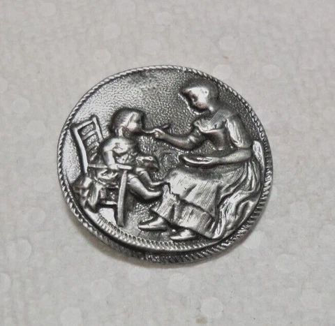 Vintage Antique Metal Picture Battersea Button 1976 MOTHER FEEDING CHILD 1  1/8" Cover