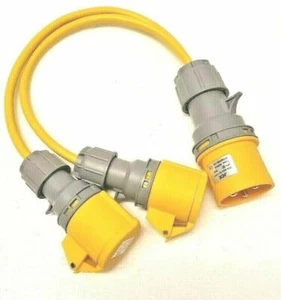 32A Plug to 2 x 16A Sockets. 1.5mm Arctic Yellow 110V Power Splitter - 0.5M - Picture 1 of 1