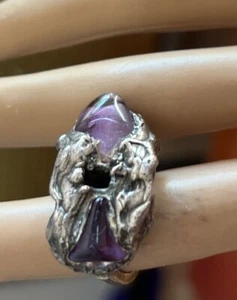 Vintage Unique Brutalist Sterling Silver Ring Amethyst Size 5.5 Modernist 20.6gr - Picture 1 of 18