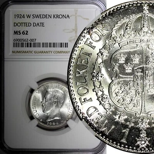 Suecia Gustavo V plata 1924 W 1 corona fecha punteada NGC MS62 KM# 786,1 (007) - Imagen 1 de 5