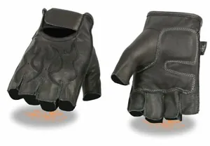 Black Leather FINGERLESS Gloves FLAMES Gel Palm Motorcycle Biker Rider Work Soft - Picture 1 of 5