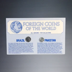 FOREIGN COINS OF THE WORLD ALL GENUINE BRAZIL + PAKISTAN ON CARD + ORIG ENVELOPE - Picture 1 of 2
