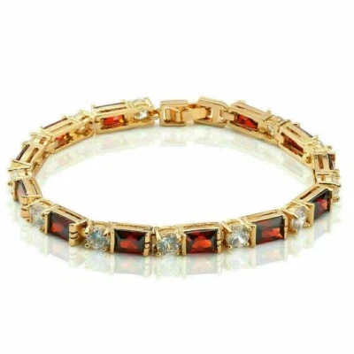 14K YELLOW GOLD PLATED EMERALD CUT LAB CREATED GARNET 4 CARAT WOMEN BRACELET 8" - Image 1 of 4