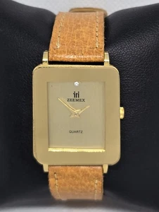 Reloj para mujer Zeemex tono dorado rectangular diamante correa cuero marrón 08 - Imagen 1 de 9