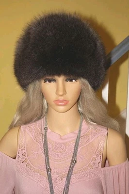 Sombrero redondo de piel de zorro azul noruego para mujer con pompones teñido marrón talla M/L Foto 1 de 4