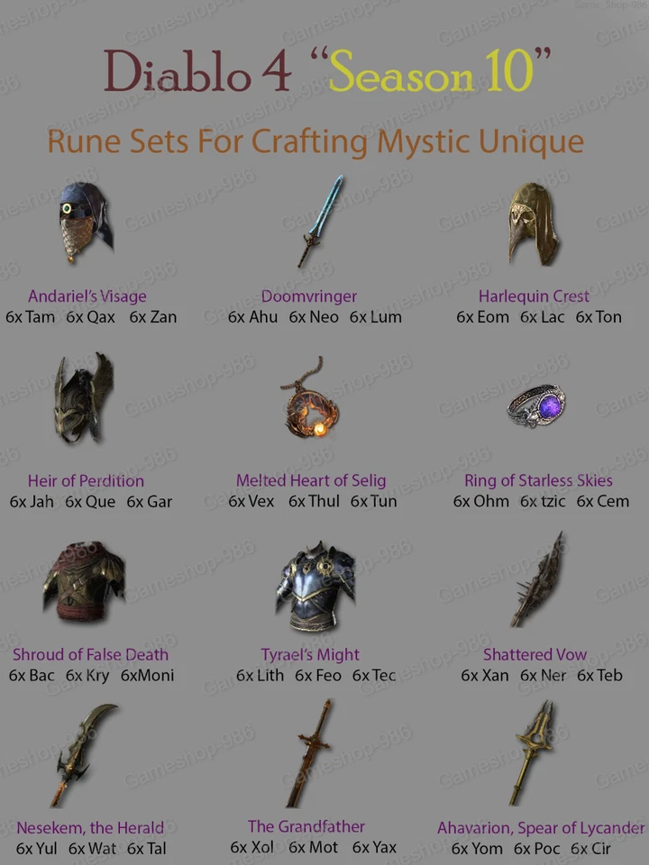 D4 Diablo 4 S10 Season 10 / Rune Set for Crafting Mythic Unique - Image 1 of 1