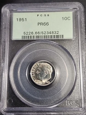 Moneda de diez centavos de plata Roosevelt 1951 10c graduación profesional PR66 soporte verde antiguo OGH envío gratuito  Foto 1 de 2