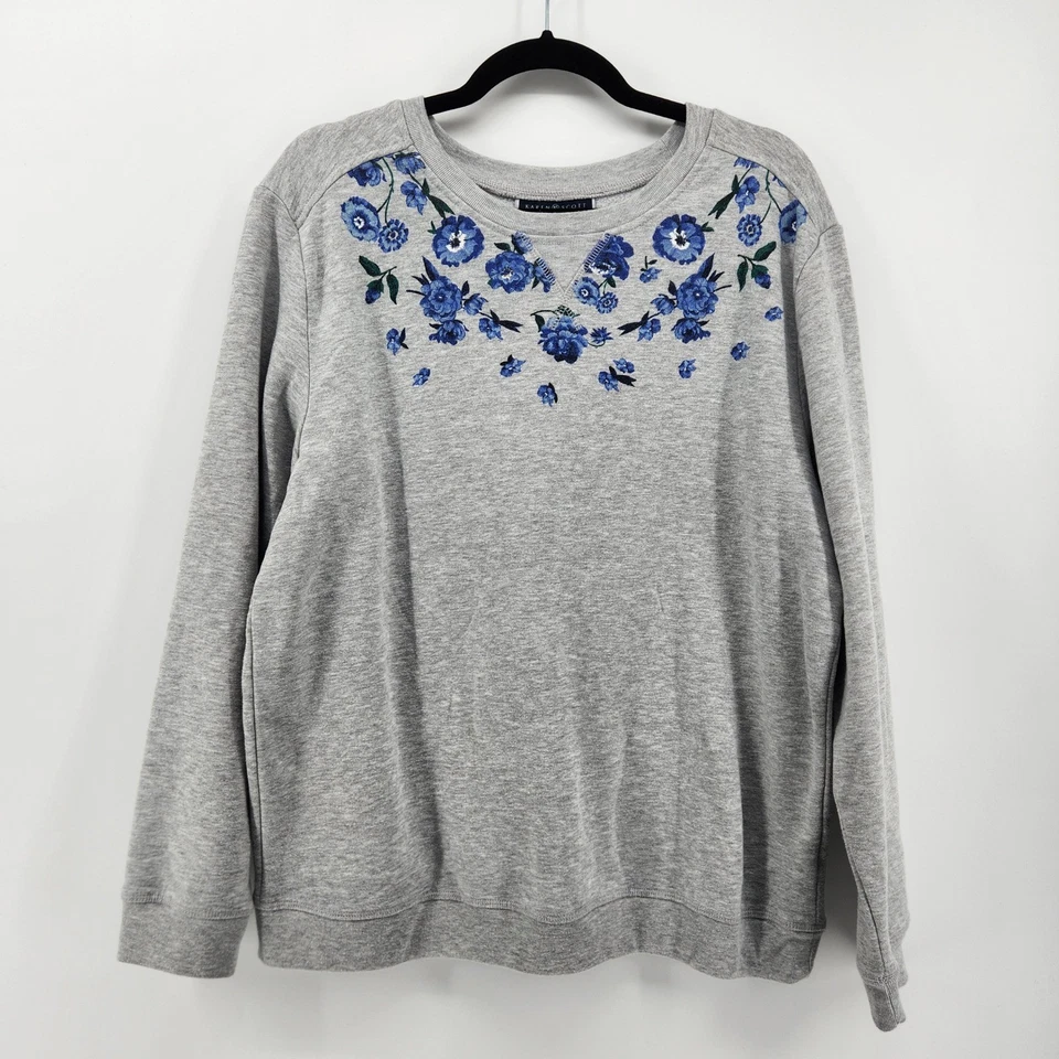 Sudadera Karen Scott Sport Para Mujer Gris Azul Estampado Floral Cuello Redondo Grande Foto 1 de 4