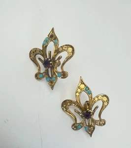 VTG Fleur-De-Lis Clip-On Earrings Gold Tone Turquoise Rhinestones Art Deco Screw - Picture 1 of 8