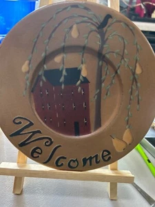 Welcome Plate Primitive Style Folk Art Decor Hand Painted Wood By Karen Schwarz - Picture 1 of 3