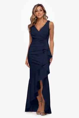 BETSY & ADAM Black Ruched Ruffle Bow Stretch Scuba Crepe Hi-Slit Maxi Gown 6P - Image 1 of 4