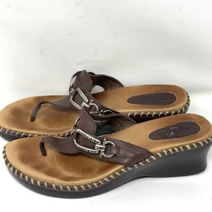 Minnetonka Brown Leather Thong Wedge Sandals Silver Accents Women Sz 8 - Picture 1 of 5
