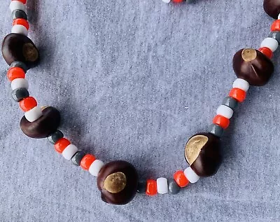Real Buckeye Necklace w/ Scarlet Gray Beads 30" Fits for Ohio State Football Fan - Image 1 of 4