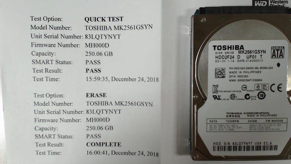 SETof 3 250GB HDDs Hitachi/Toshiba 5400  - 7200RPM 9.5mm - Image 1 of 3