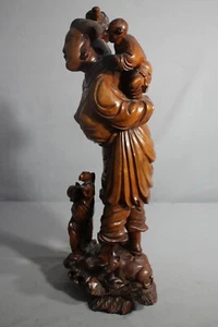 Antique Chinese 21" Tall  Carved Wooden Figurine WOMAN With 2 CHILDREN - Picture 1 of 16