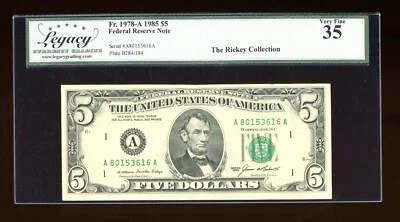 DBR 1985 $5 FRN Boston Fr. 1978-A Legacy 35 Serial A80153616A - Image 1 of 2