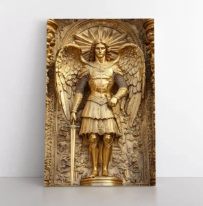 Archangel Michael Gold Angel Statue Wall Art Print on Framed Canvas - Picture 1 of 9