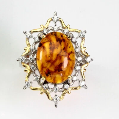 925 Anello Argento Sterling Ovale Ambra Polonia 16x12mm Finto Cz Gemma Gioielli - Immagine 1 di 4