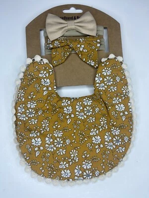 Boho Bebé Niña Reversible Babero y 2 Diademas Conjunto Lazos Flores Amarillas Mostaza Foto 1 de 3