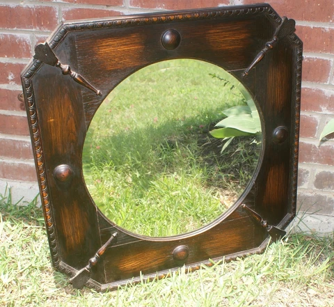 Antique Oak Framed Beaded Beveled Wall / Mantle Mirror Jacobean British Import Cover