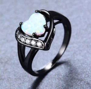 Women's Black Gold Filled White Heart Shape Simulated Opal Ring Jewelry Size 7 - Picture 1 of 5