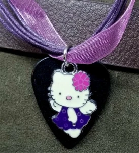 Hello Kitty on Black Guitar Pick Necklace on Purple Ribbon Cord - Picture 1 of 3