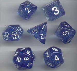 RPG Würfel 7er Set - Glitzer Blau D4 D6 D8 D10 D12 D20 D00-90 - Bild 1 von 1