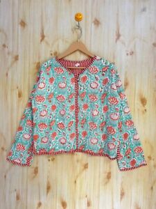 Indian Green Floral Printed Cotton Quilted Jacket Unisex Jacket Partywear Jacket