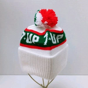 Vintage 7 UP The UnCola Knit Beanie Hat Pom Pom Unisex One Size Red Green White - Picture 1 of 4