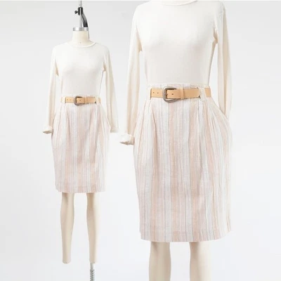 Falda Vintage Años 90 Rayas Lino Algodón Gasa Cintura Alta Cinturón con Bolsillos M Foto 1 de 4