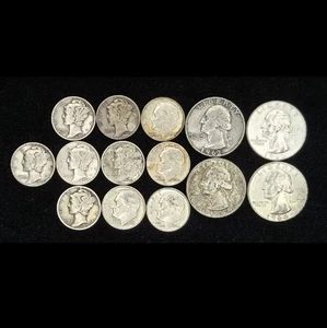 Mixed Lot 90% Silver $2 FV Mercury Dimes Quarters $2 Face Value 10x 10c 4x 25c - Picture 1 of 22