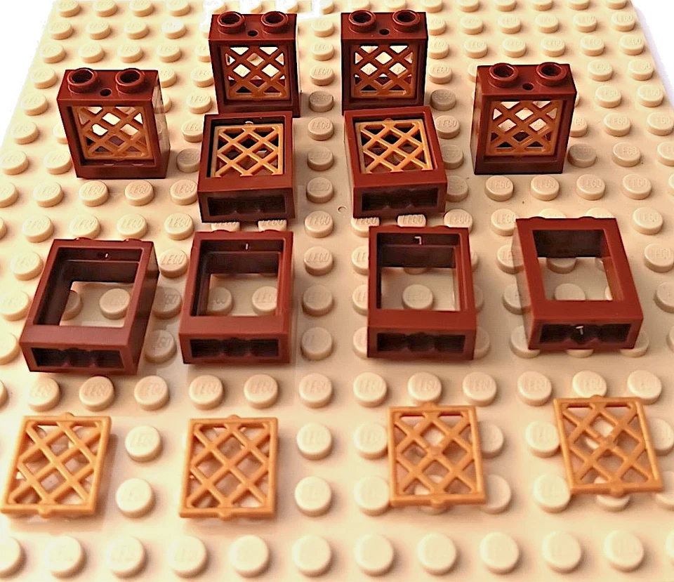 Lego Reddish Brown Window 1x2x2 Flat Front w/ Pearl Gold Lattice Pane X10 NEW - Image 1 of 1