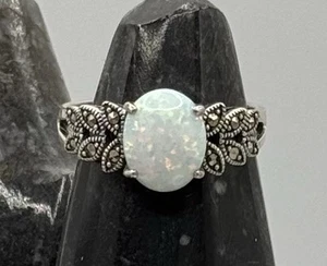 Fire Opal Marcasite Leaf Gemstone Ring 925 Sterling Silver Size V Crystal - Picture 1 of 5