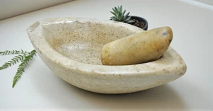 Antik Weiß Marmor Mörtel Und Stößel Gewürzmühle Original Alte Handgeschnitzt - Picture 1 of 7