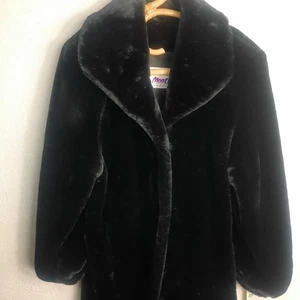 Langer schwarzer Damenmantel Vintage Monterey Fashions Kunstfell hergestellt in den USA Größe 12 Large - Bild 1 von 11