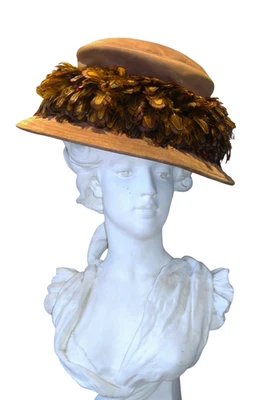 Винтажная шляпа Eric Javits, эдвардианский стиль коричневая замша/перья, водоотталкивающее средство - Изображение 1 из 4