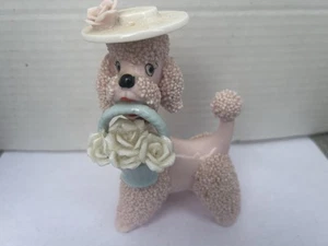 Vintage 1950s Spaghetti Pink Poodle Ceramic Figurine Large Flowers On Front - Picture 1 of 3