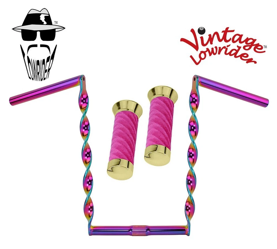 Manillar Lowrider de Colección Plano Torcido 15" 25.4mm Neón y Empuñaduras Terciopelo Remolino Rosa. Foto 1 de 1