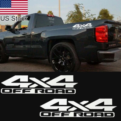 2x Silver 4x4 OFF ROAD Rear Trunk Bed Side Decals Stickers For Truck Pickup Etc - Image 1 of 4