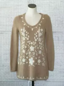 Maglione tunica lungo morbido Dintorni boho ricamato floreale uccellini marrone angora ~ S - Foto 1 di 12