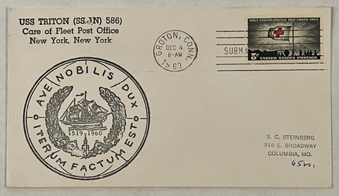 RARE 1963 USS TRITON SUBMARINE BASE US COVER AVE NOBILIS DUX CACHET Cover