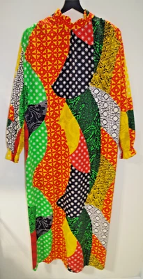 Maxi Vestido Largo C24 Vintage Brillante Multicolor Patchwork Bandana Algodón L/S Años 70 Foto 1 de 4