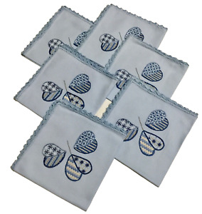 Vintage Embroidered heart table napkins Cloth blue cotton lace 17x17" set 6